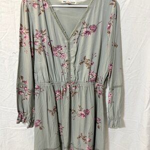 Wallflower Long Sleeve Dress - Green with Pink Floral